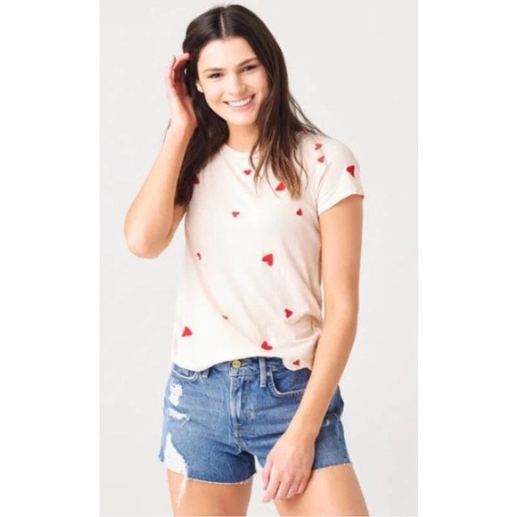 Monrow Tops - Monrow Embroidered Hearts Soft Baby T-Shirt Pink Red NWT Small